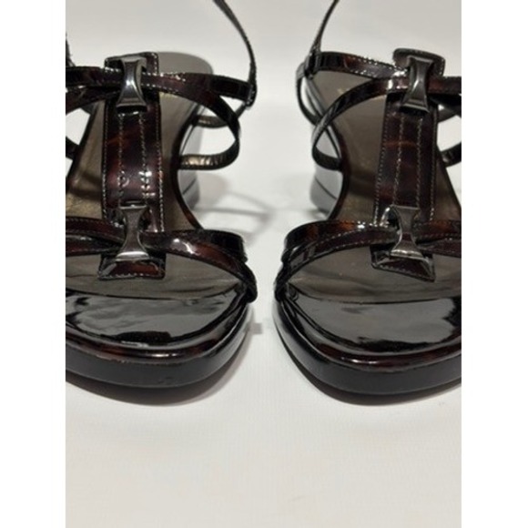 Stuart Weitzman Brown Tortoise Patent Leather‎ Wedge Sandals Women's 8M Strappy - Picture 3 of 9